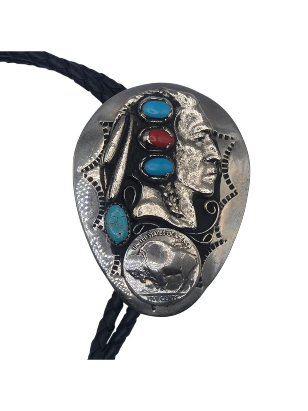 Vintage Native American Buffalo Nickel Design Bolo Tie Turquoise Coral Stones